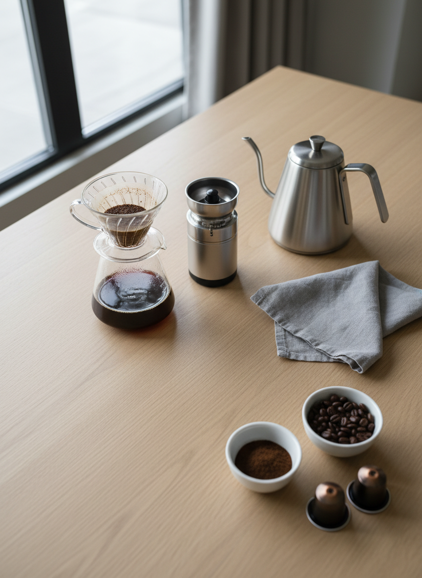An overhead, photographic view of a tastefully arranged home brewing setup on a smooth light-oak table. A glass pour-over dripper rests on a carafe filled with freshly brewed coffee, surrounded by a compact grinder, a sleek gooseneck kettle, and neatly folded linen napkin in soft grey. Small bowls display whole beans, freshly ground coffee, and a trio of capsules in matte black and bronze finishes. Soft, diffused daylight from a nearby window evenly illuminates the scene, creating minimal shadows and a clean, sophisticated mood. The composition follows the rule of thirds with carefully spaced elements, conveying a sense of calm order and premium, at-home specialty coffee enjoyment.