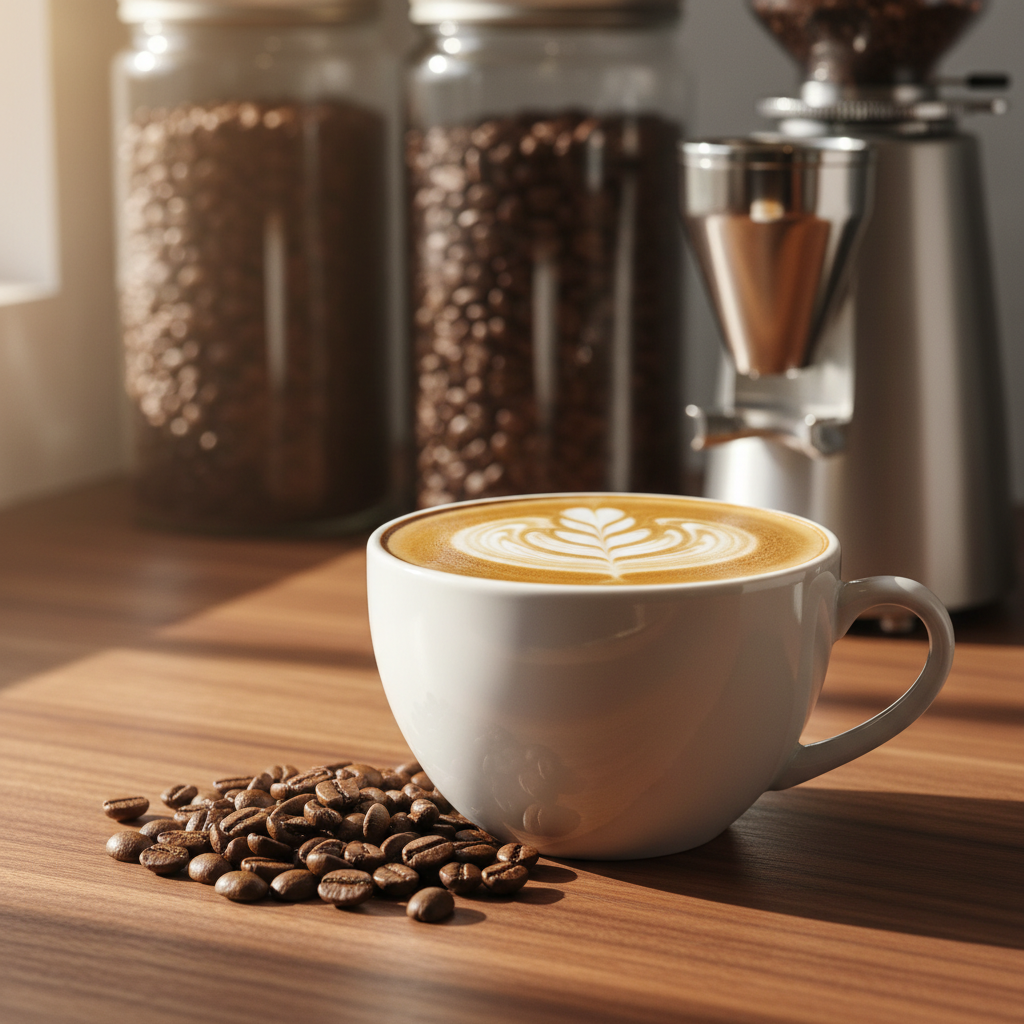 A pristine white ceramic coffee cup with a subtle gloss finish holds a perfectly poured flat white, delicate latte art swirling on the surface. It rests beside a small pile of glossy, medium-roast coffee beans on a finely grained walnut countertop. In the background, slightly blurred, stand elegant glass jars filled with beans and a polished stainless-steel grinder, hinting at a sophisticated coffee bar. Soft morning sunlight filters through an unseen window from the left, casting gentle shadows and warm highlights along the cup’s rim. Photographic realism with a shallow depth of field emphasizes the cup and beans, creating a calm, inviting mood that reflects a modern specialty coffee roaster’s aesthetic.