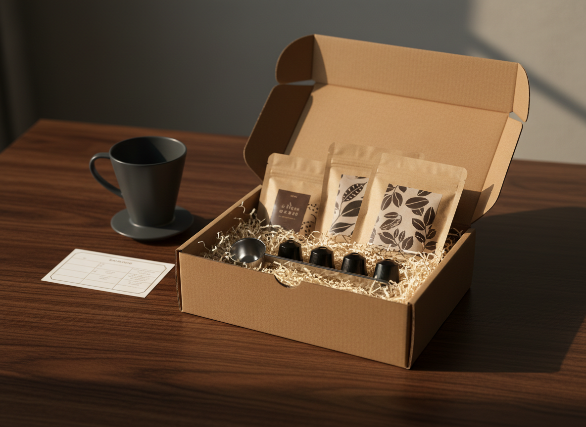 A refined subscription and gift scene displayed on a dark wooden table: a sturdy, minimalist subscription box in matte kraft brown sits open, revealing neatly arranged coffee bags, a row of glossy capsules, and a small polished stainless-steel scoop nestled in shredded paper. Nearby, a slim, elegant coffee dripper and a folded schedule card implied through its shape (no readable text) complete the composition. Warm, indirect afternoon light from the right casts soft gradients across the packaging and gentle shadows behind objects. Shot at an eye-level angle in photographic realism with a moderate depth of field, the mood is sophisticated and thoughtful, emphasizing convenience, personalization, and the pleasure of receiving carefully curated specialty coffee at home.