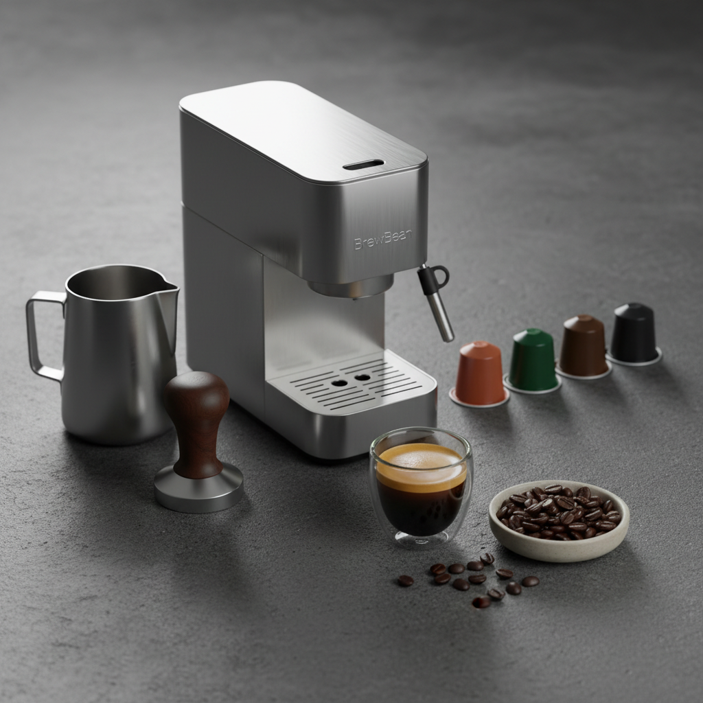 A sleek espresso-focused product spread on a charcoal-grey stone countertop: a compact, modern espresso machine in brushed steel anchors the scene, flanked by a minimalist tamper, a stainless-steel milk jug, and a row of matte-finish coffee capsules in deep earthy tones. A double-shot glass shows a freshly pulled espresso with rich crema, while a small dish of roasted beans adds texture. Cool, controlled studio lighting from above and slightly behind creates refined highlights on metal surfaces and soft reflections on the stone. Photographic realism with a shallow depth of field and asymmetrical composition conveys a polished, contemporary mood, ideal for showcasing BrewBean’s espresso capsules and equipment for discerning home baristas.