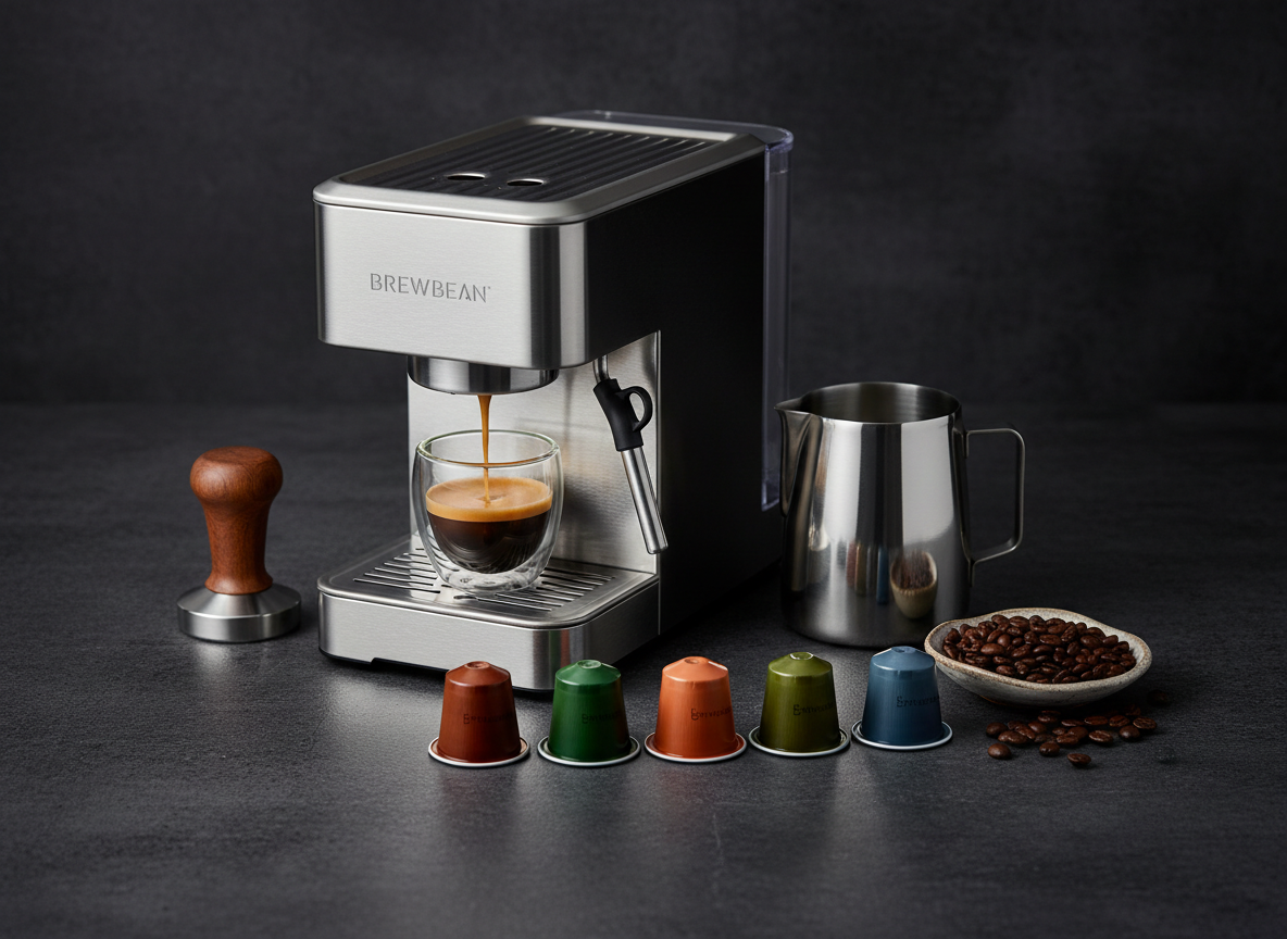 A sleek espresso-focused product spread on a charcoal-grey stone countertop: a compact, modern espresso machine in brushed steel anchors the scene, flanked by a minimalist tamper, a stainless-steel milk jug, and a row of matte-finish coffee capsules in deep earthy tones. A double-shot glass shows a freshly pulled espresso with rich crema, while a small dish of roasted beans adds texture. Cool, controlled studio lighting from above and slightly behind creates refined highlights on metal surfaces and soft reflections on the stone. Photographic realism with a shallow depth of field and asymmetrical composition conveys a polished, contemporary mood, ideal for showcasing BrewBean’s espresso capsules and equipment for discerning home baristas.