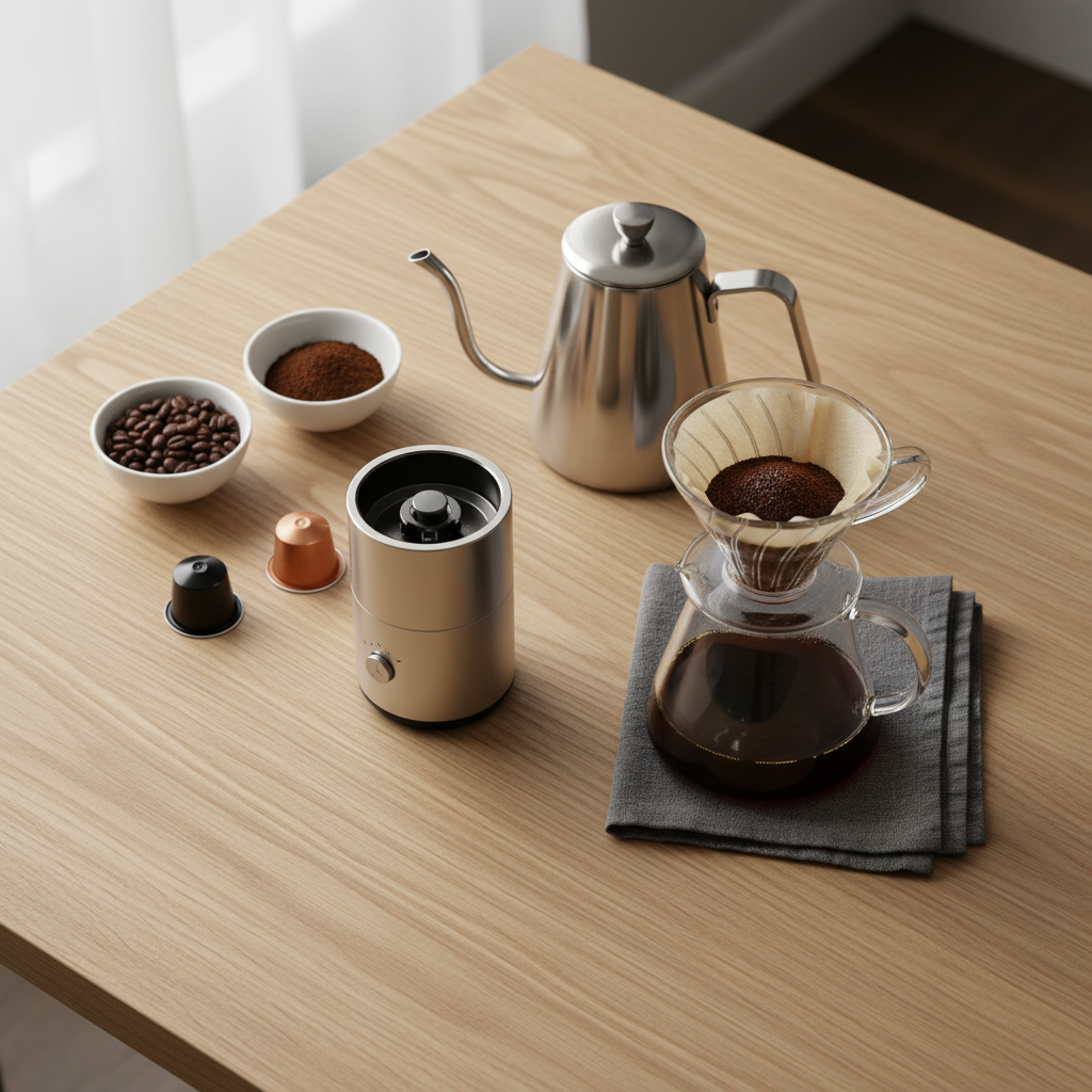 An overhead, photographic view of a tastefully arranged home brewing setup on a smooth light-oak table. A glass pour-over dripper rests on a carafe filled with freshly brewed coffee, surrounded by a compact grinder, a sleek gooseneck kettle, and neatly folded linen napkin in soft grey. Small bowls display whole beans, freshly ground coffee, and a trio of capsules in matte black and bronze finishes. Soft, diffused daylight from a nearby window evenly illuminates the scene, creating minimal shadows and a clean, sophisticated mood. The composition follows the rule of thirds with carefully spaced elements, conveying a sense of calm order and premium, at-home specialty coffee enjoyment.