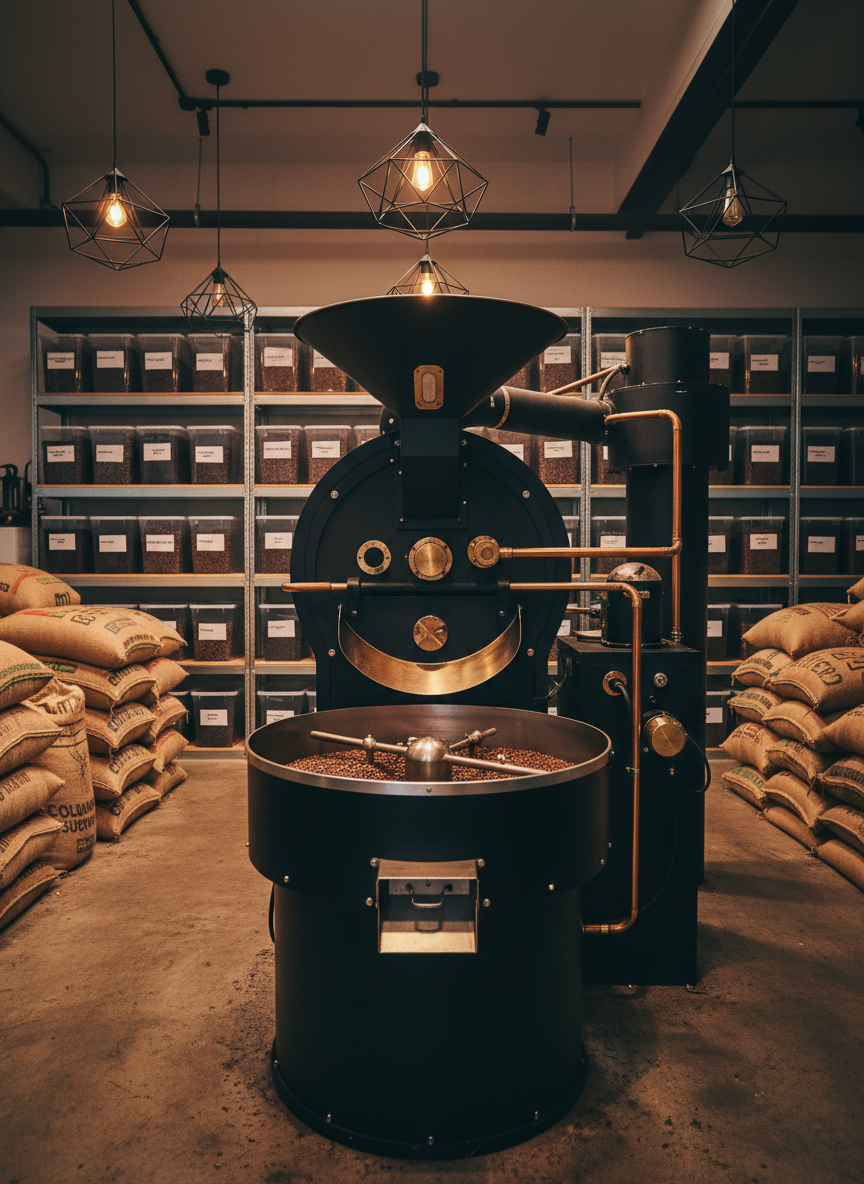 Inside an industrial-chic Sydney roastery, a large matte-black coffee roasting machine stands as the central subject, its polished metal details and transparent drum window revealing a small batch of beans mid-roast. Burlap sacks of green coffee beans, neatly stacked, line the concrete floor, while labeled tubs of freshly roasted beans sit on metal shelving in the background. Overhead pendant lights cast warm, focused pools of light, reflecting off steel surfaces and creating deep, dramatic shadows. Captured in photographic realism from a slightly low, wide-angle perspective, the image highlights depth and scale, evoking a sophisticated, professional atmosphere that showcases the craft of specialty coffee roasting.